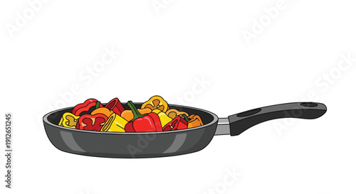 Vibrant chopped bell peppers medley in a sleek non-stick frying pan ready for a delicious healthy meal preparation fresh ingredients for wholesome