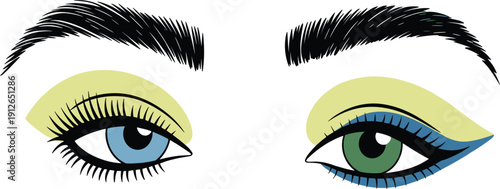 Beautiful woman eyes with different colors and makeup, blue and green iris, eyeliner and mascara, vector