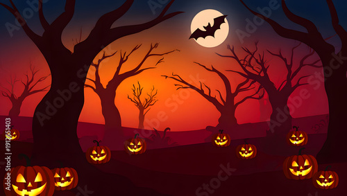 A spooky halloween night scene with jack-o'-lanterns and a full moon