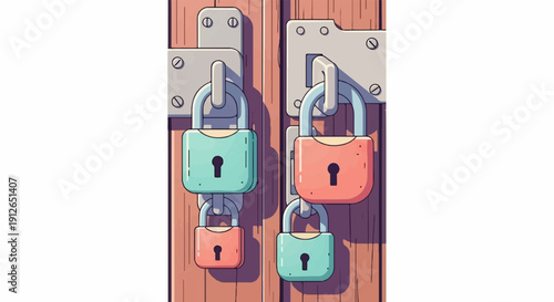 Two wooden doors secured with four colorful pastel padlocks