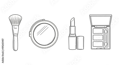 Hand-drawn makeup essentials: brush, compact mirror, lipstick, eyeshadow palette. Beauty sketch.