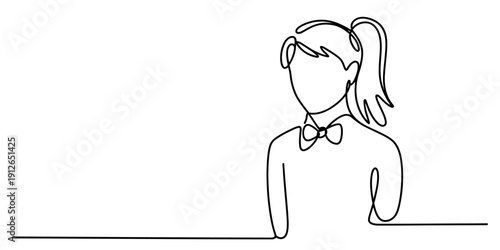 Continuous line drawing of a young girl with a ponytail wearing a stylish bow tie on white background Vector, illustration