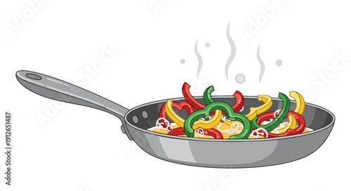Vibrant Sliced Bell Peppers Sautéing in a Frying Pan with Steam