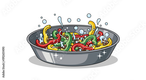 Colorful bell peppers, green, red, and yellow, are being freshly washed in a gleaming metal bowl. Water splashes and bubbles highlight this vibrant