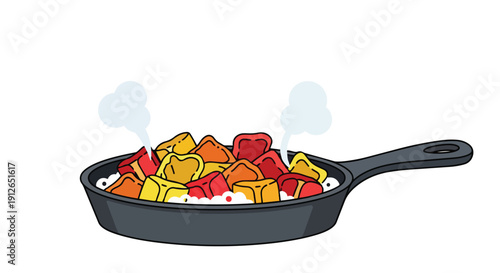 Vibrant diced vegetables cooking in a steaming skillet, a cheerful culinary illustration