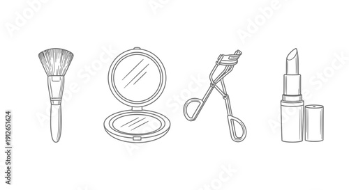 Hand-drawn makeup essentials: brush, compact, curler, lipstick on white background