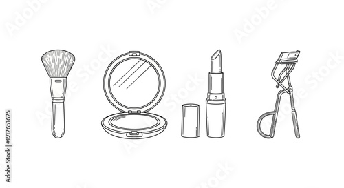 Hand-drawn makeup essentials: brush, powder compact, lipstick, and eyelash curler on white background.
