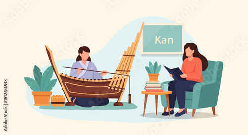 Two women engaged in leisure activities, one playing a traditional instrument and another reading