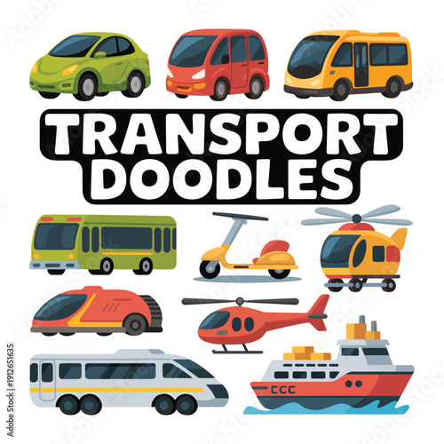 Doodle Transport Illustration: A vibrant collection of transport doodles showcasing a variety of vehicles on the road, air, and water, symbolizing travel and mobility.