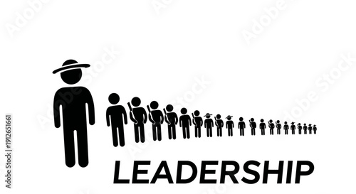 Leader with Hat Guiding a Long Line of People, Leadership Concept