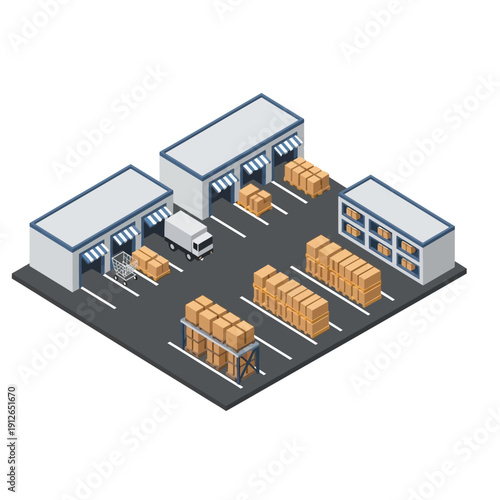 Warehouse facility with loading docks and storage crates.