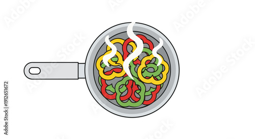 Vibrant Bell Pepper Slices Gently Steaming in a Frying Pan Illustrating Healthy Cooking