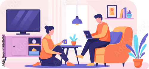 Two people relax at home, one on a laptop, the other with a drink