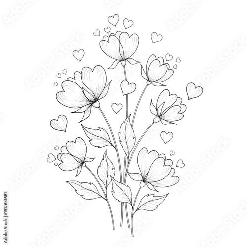 An intricate line drawing of a bouquet of flowers with various species