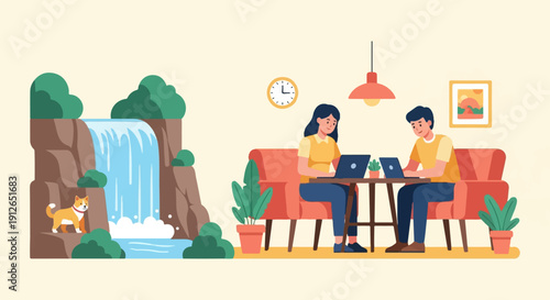 Two people work on laptops next to a waterfall with a dog nearby