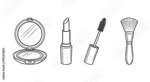 Hand-drawn sketch of makeup essentials: compact powder, lipstick, mascara, and brush on white background