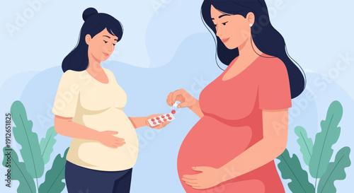 Two pregnant women sharing medicine