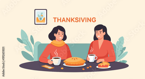 Two women enjoy Thanksgiving pie and hot drinks at a table with autumn decor