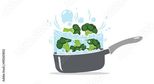 An illustrative depiction of vibrant green broccoli florets submerged in vigorously boiling water within a saucepan creating a healthy cooking