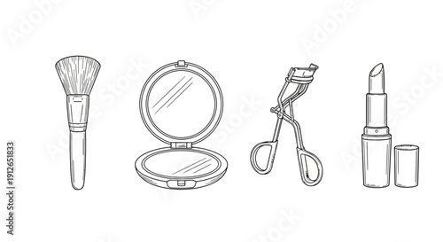 Hand-drawn sketch of makeup essentials: brush, powder compact, eyelash curler, and lipstick