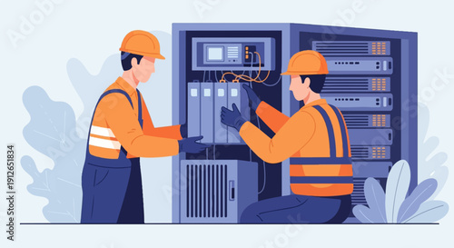 Two workers in hard hats install electronic equipment in a server rack