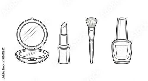Hand-drawn sketch of makeup essentials: compact, lipstick, brush, and nail polish