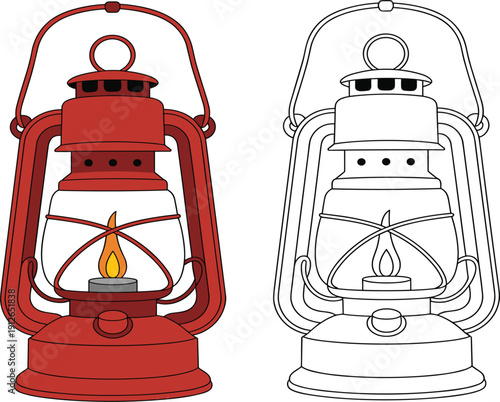 Vintage red kerosene lantern and black white outline set, old oil lamp camping light, vector illustration
