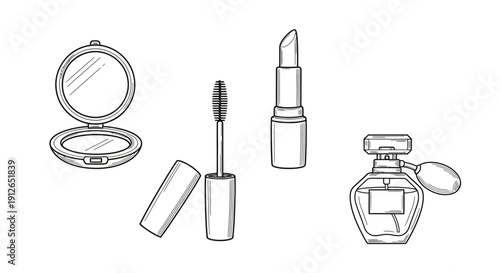 Hand-drawn sketch of makeup essentials: lipstick, mascara, compact mirror, and perfume bottle