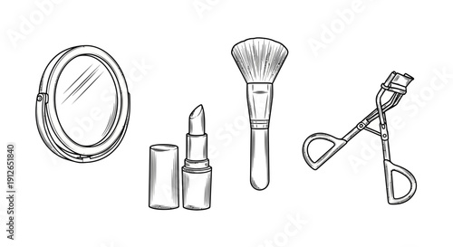 Hand-drawn sketch of makeup essentials: lipstick, powder brush, eyelash curler, and compact mirror.