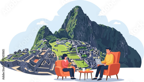 Two people relax at Machu Picchu with coffee and laptops