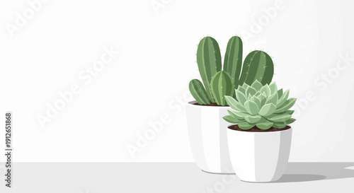 Two potted green houseplants, a cactus cluster and a succulent