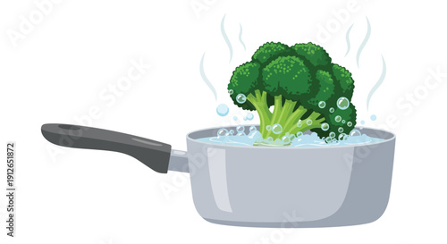 Fresh vibrant green broccoli florets gently boiling in a gleaming silver saucepan, creating a healthy nutritious meal preparation process for a