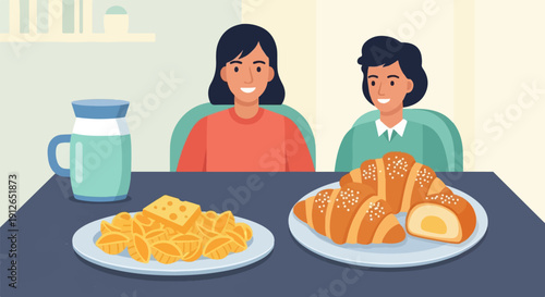 Two smiling people sit behind plates of food and a jug of drink