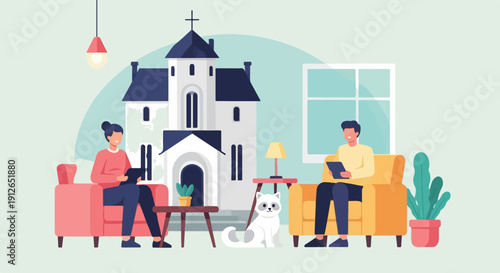 Two people relax in a living room with a church building behind them