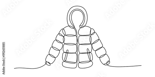 Continuous one line drawing of a puffer jacket with a hood for winter weather apparel design. Vector, illustration