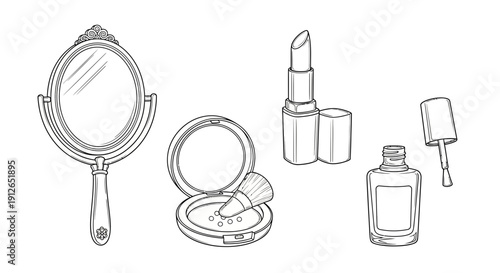 Hand-drawn sketch of makeup essentials: mirror, powder compact, lipstick, and nail polish