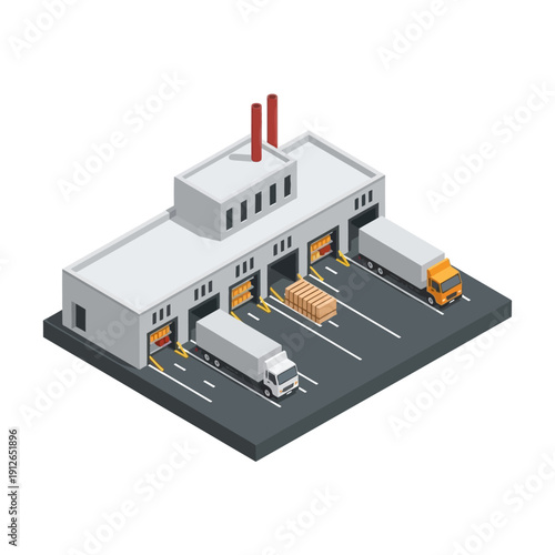 Isometric illustration of a warehouse with trucks loading and unloading goods.