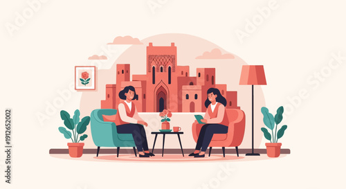 Two women in comfortable chairs chat indoors with urban architecture behind them
