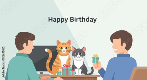 Two men celebrate a birthday with two cats and gifts