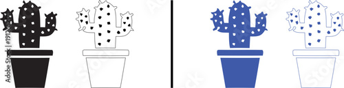 cactus plant icon in a pot isolated on white background, black and blue vector illustration of succulent for home gardening, desert flora, and indoor decoration concepts.