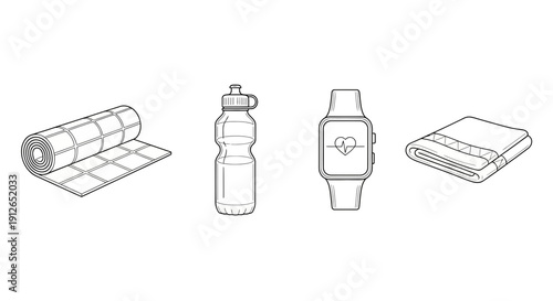 Fitness Gear: Yoga Mat, Water Bottle, Smartwatch, Towel - Healthy Lifestyle Icons