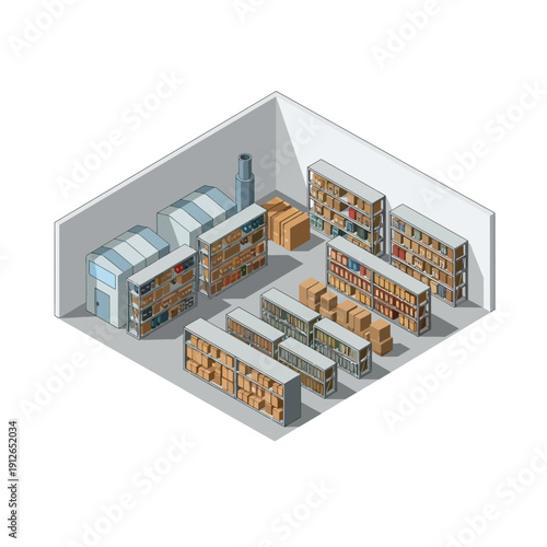 Isometric illustration of a warehouse with storage facilities and shelving units.