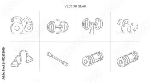Fitness Gear Vector Set: Dumbbells, Kettlebells, Resistance Bands, Foam Rollers
