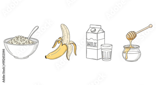 Healthy Breakfast Ingredients: Oatmeal, Banana, Milk, and Honey