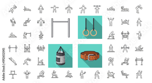 Fitness Icons Set: Gym Equipment, Workout Exercises, Sports Gear, Healthy Lifestyle