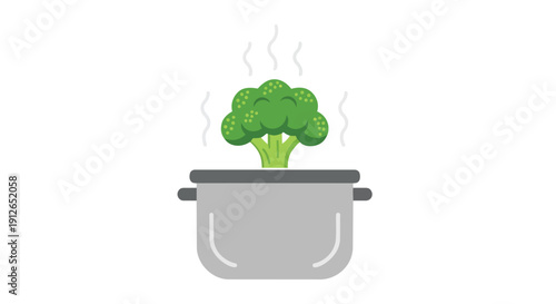 Vibrant green broccoli floret steaming in minimalist grey pot, clean flat illustration representing healthy food preparation and nutritious