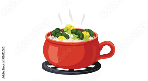 A vibrant steaming healthy broccoli and cauliflower meal prepared in a rustic red pot on a black trivet symbolizing wholesome nutrition and true