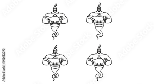 Four identical genie lamps with magical smoke, black and white illustration