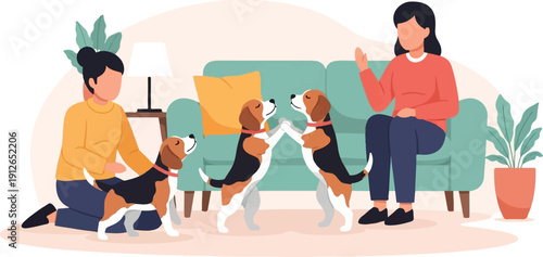 Two women interact with three playful beagles in a cozy living room setting