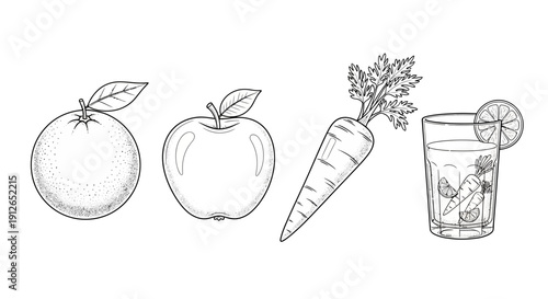 Fresh Orange, Apple, Carrot, and Juice with Lime and Ice - Hand Drawn Illustration